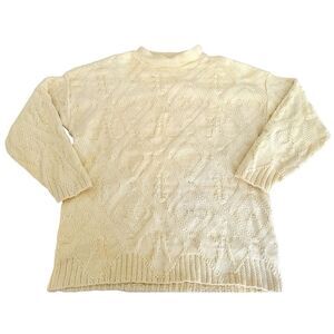 VTG Sweater Women M Beige Chunky Knit Soft Cotton Crewneck Preppy Coastal Winter